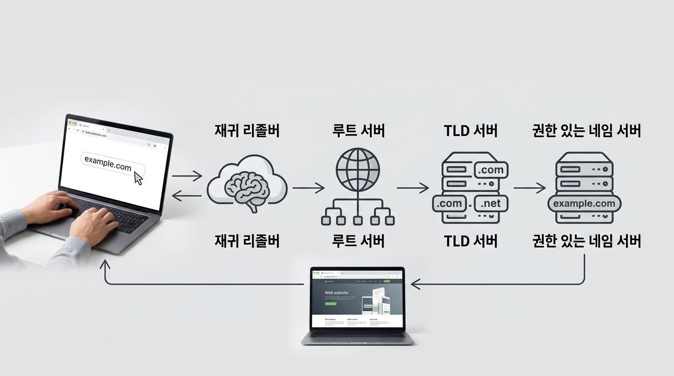 DNS lookup process where a domain name is converted to an IP address